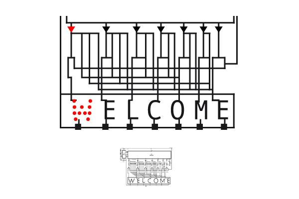Inszenierung als Installation: ›Ring-Studie 01 | Rheingold, Vorspiel‹, Beginn der Projektion im Rahmen (Kohlezeichnung) des historischen Portals des Opernhauses Zürich, Szenenbild aus der ersten Sequenz mit animiertem MAC-Lautstärkesymbol. Kunstmuseum Thun. 2010. © Dombois.