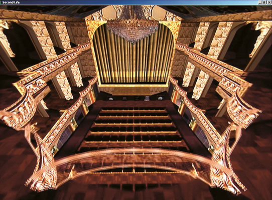 Szenenbild aus der letzten Sequenz der Inszenierung ›Ring-Studie 01 | Rheingold, Vorspiel‹ (Richard Wagner), animierte Kamerafahrt durch das Opernhaus Zürich der Computerplattform Second Life®. 2009. © Dombois.