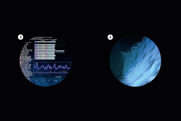 Digitales Szenenmaterial aus Second Life® als Glasbilder für Laterna-Magica-Vorführungen. Analogisierte Motive 3-4 der Inszenierung ›Ring-Studie 01 | Rheingold, Vorspiel‹. 2010. © Dombois.