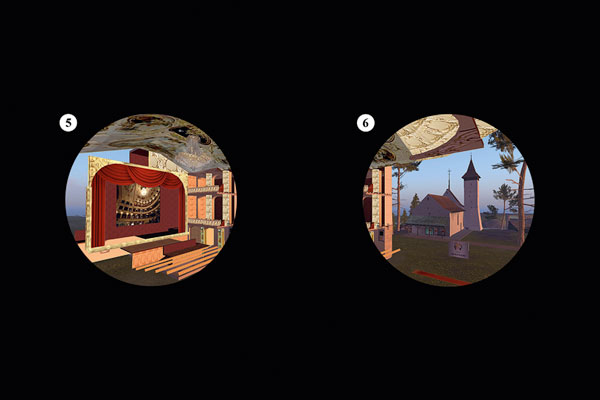 Digitales Szenenmaterial aus Second Life® als Glasbilder für Laterna-Magica-Vorführungen. Analogisierte Motive 5-6 der Inszenierung ›Ring-Studie 01 | Rheingold, Vorspiel‹. 2010. © Dombois.