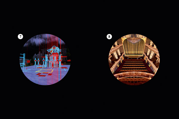 Digitales Szenenmaterial aus Second Life® als Glasbilder für Laterna-Magica-Vorführungen. Analogisierte Motive 7-8 der Inszenierung ›Ring-Studie 01 | Rheingold, Vorspiel‹. 2010. © Dombois.