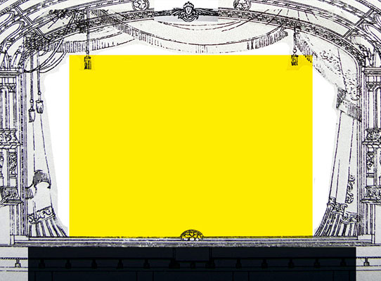 Ausstellungsvorbereitungen: Digitale Anpassung der historischen Zeichenvorlage an die Maße des Ausstellungsraumes im Kunstmuseum Thun, gelb markiert das Format der späteren Projektionsfläche. 2010. © Dombois.