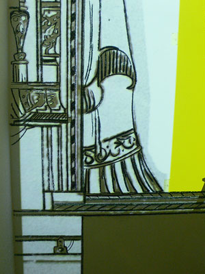 Ausstellungsaufbau: Übertrag der digitalisierten Zeichenvorlage in den Ausstellungsraum des Kunstmuseums Thun, Detailansicht Portal und Schmuckvorhang, Kohle auf Projektionswand. 2010. © Dombois.