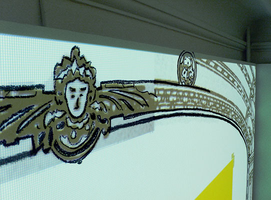 Ausstellungsaufbau: Übertrag der digitalisierten Zeichenvorlage in den Ausstellungsraum des Kunstmuseums Thun, Detailansicht Portal/ Schmuckrosette, Kohle auf Projektionswand. 2010. © Dombois.